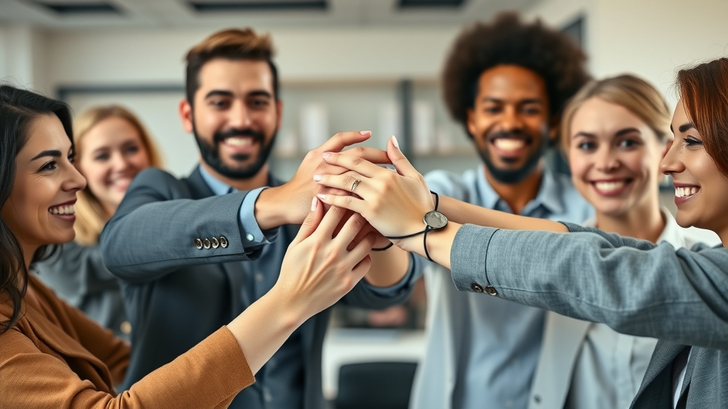 community collaboration local business: diverse business owners hands joined in unity