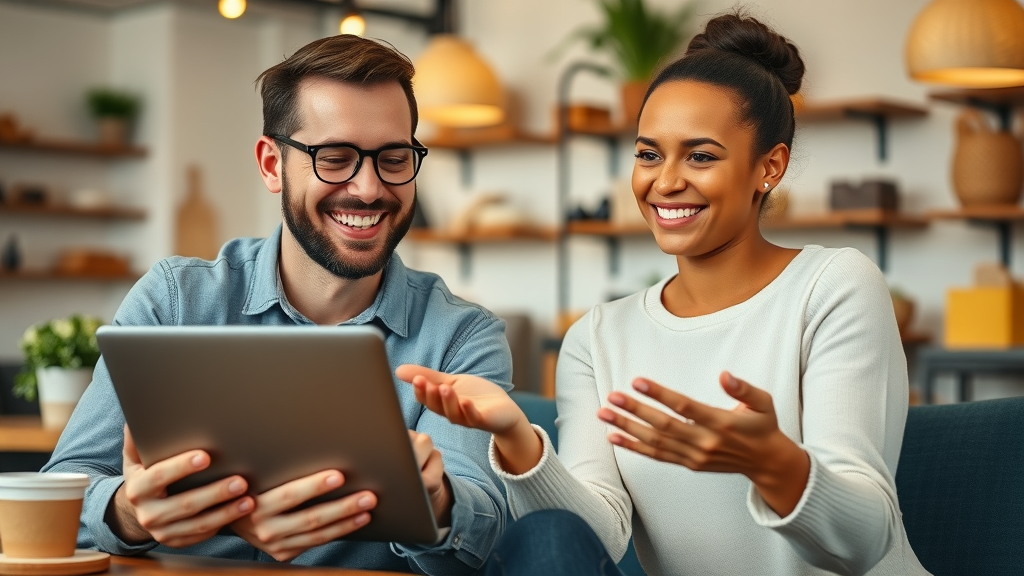 Cheerful small business owners reviewing affordable marketing packages and smiling at laptop