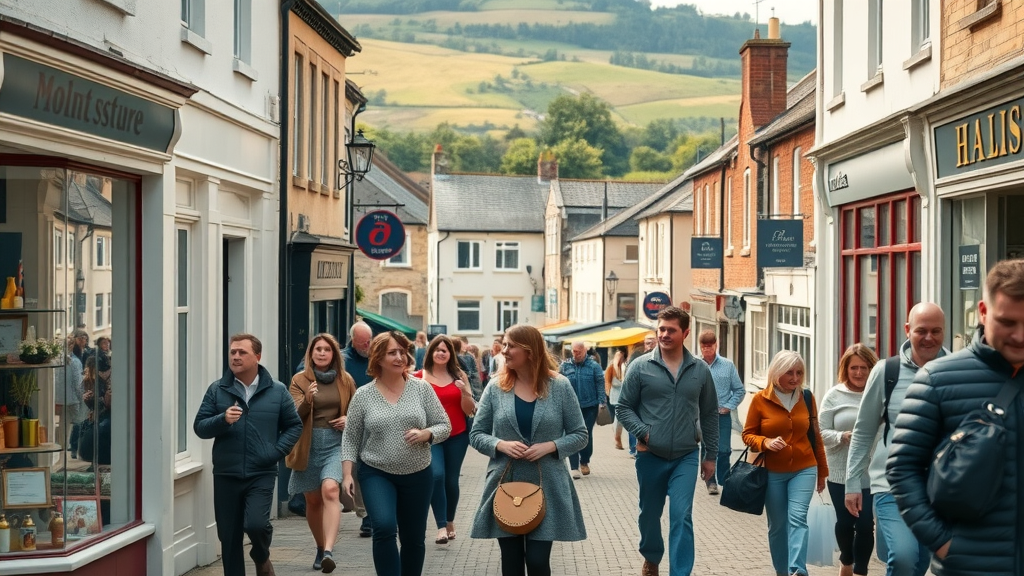 Uplifting Monmouthshire high street, bustling with shops and locals interacting, representing the future of local business Monmouthshire