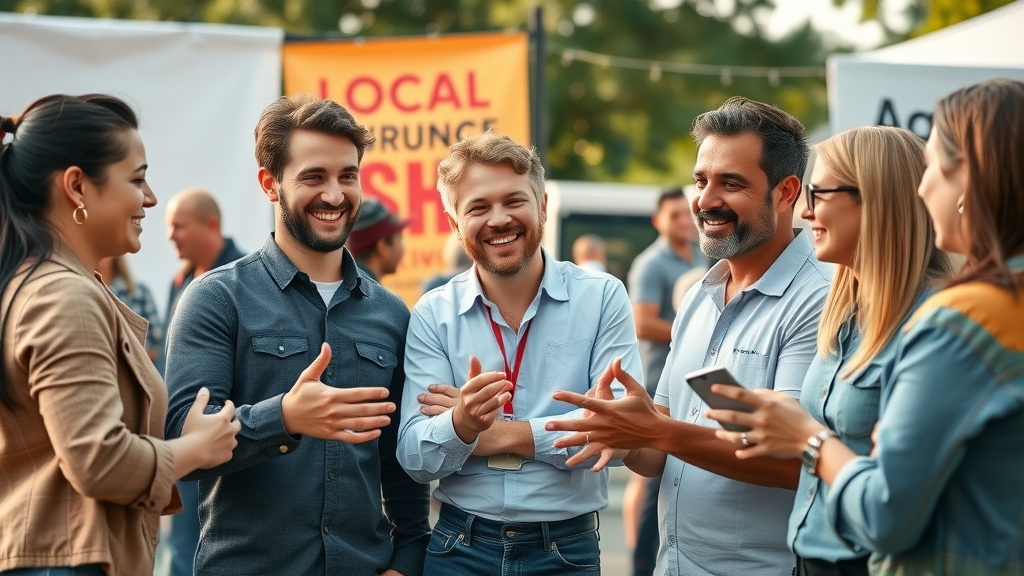 Engaged local business owners collaborating with marketing experts at community event