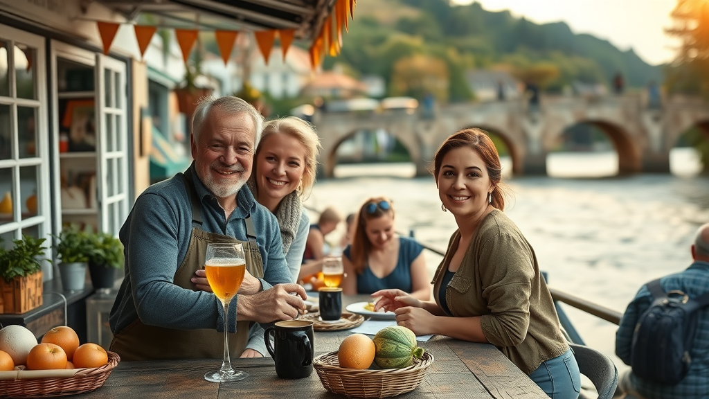 Monmouthshire riverside tourism business, couple running cafe, illustrating tourism business growth in Monmouthshire, local produce and river bridge