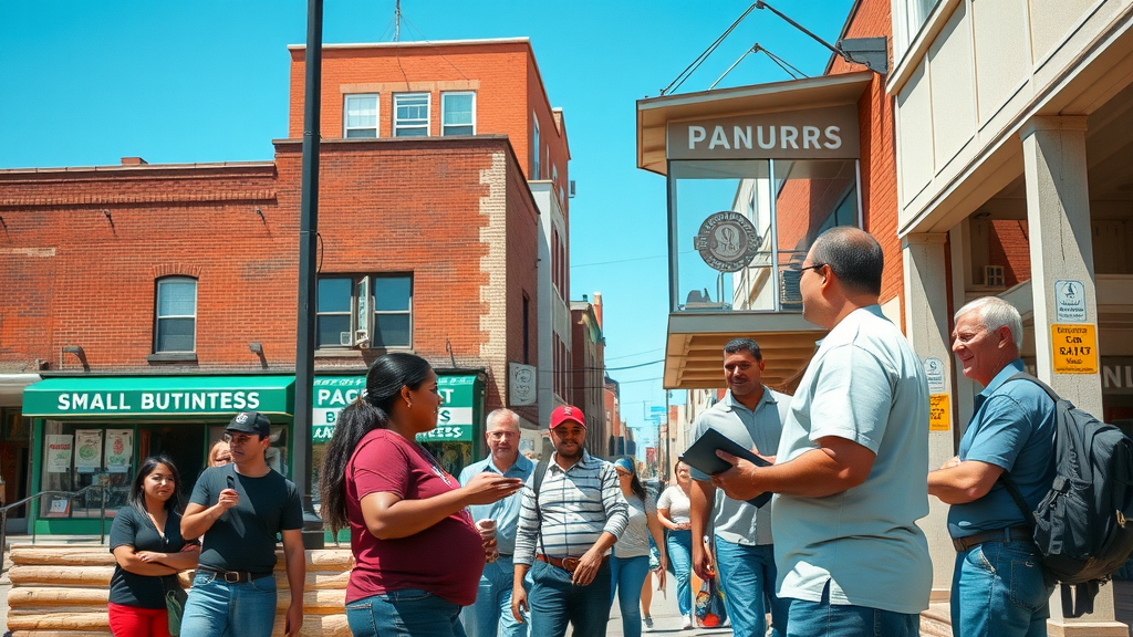 community collaboration local business: bustling local business district with owners collaborating