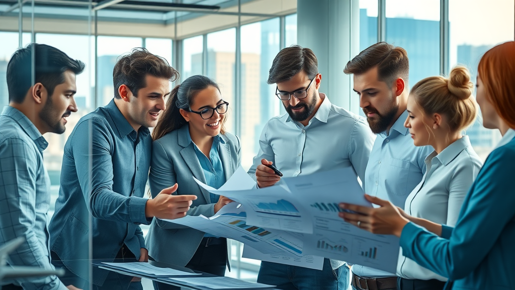 Diverse team collaborating on business startups with charts in modern office
