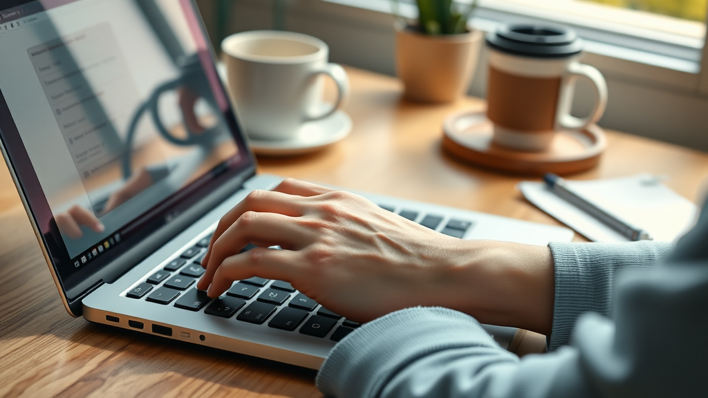 Close-up of hands typing on laptop launching a cost-effective marketing solutions email campaign