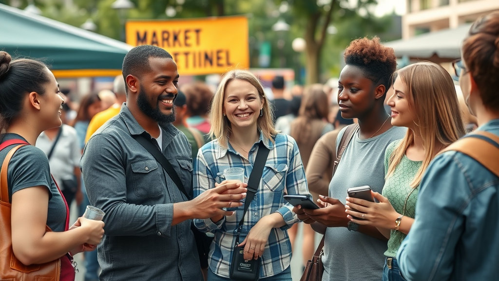 Diverse small business owners and local customers engaging at a vibrant community event