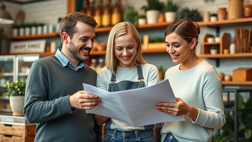 Local business owners collaborating on marketing strategies in Monmouthshire shop