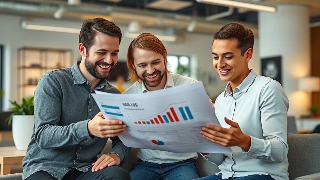 Happy marketing team calculating ROI and reviewing joint marketing budget
