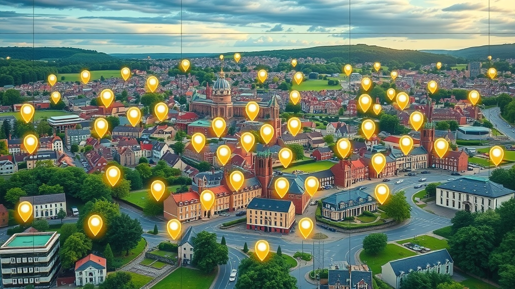 Geo targeting digital map showing local news pins and community events.