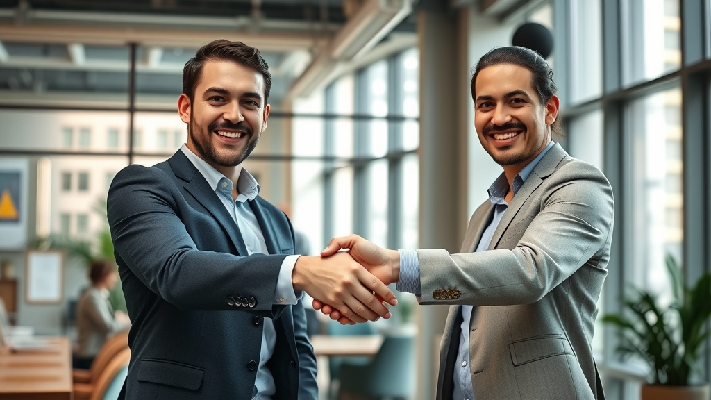 Confident marketers shaking hands to symbolize brand collaboration within collaborative marketing trends