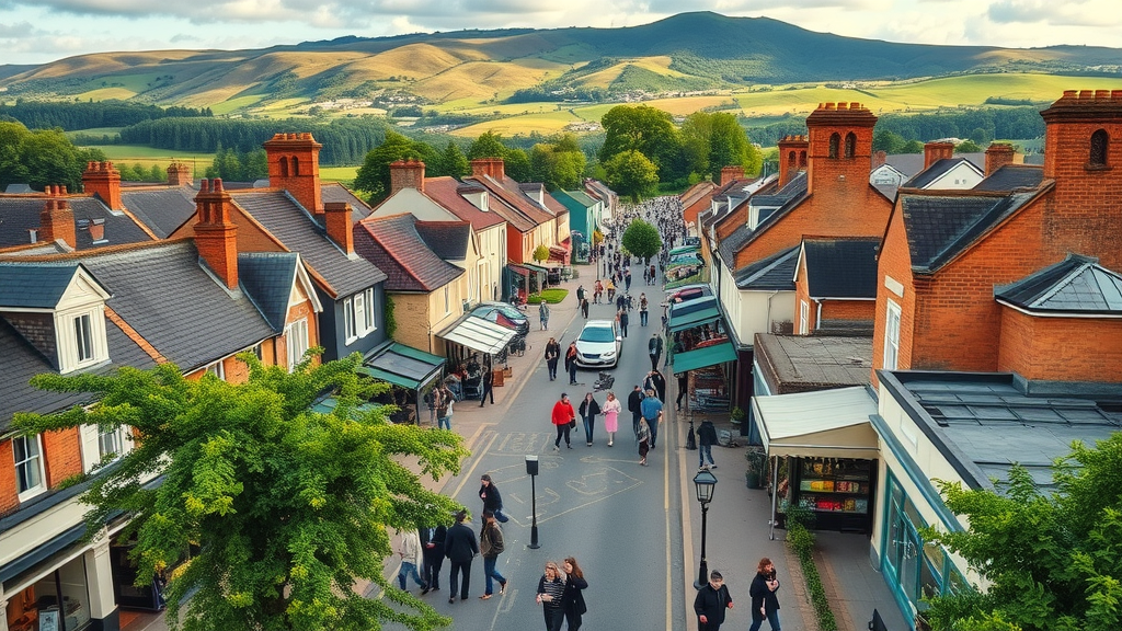 vibrant aerial view of Monmouthshire market town with bustling local businesses, reflecting business growth in Monmouthshire, rural landscape