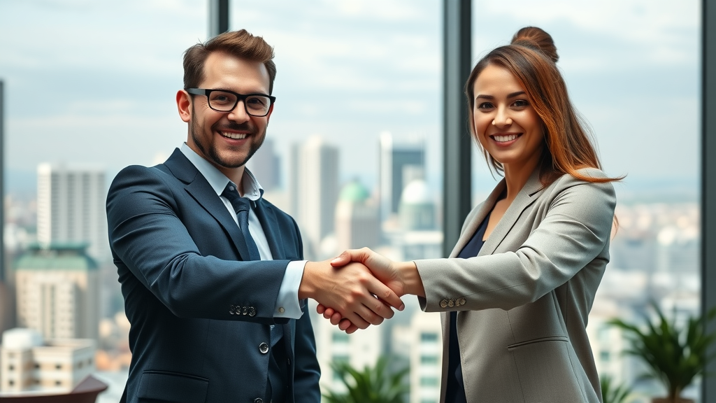 Successful business partnership handshake between smiling professionals in corporate office