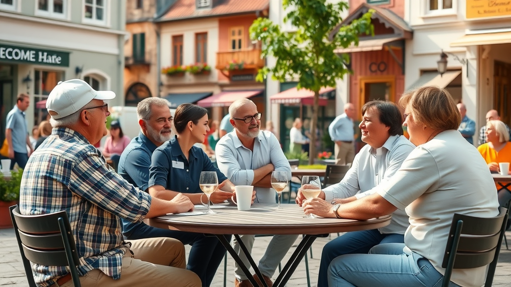 Community collaboration local business: small town square with business owners networking outdoors