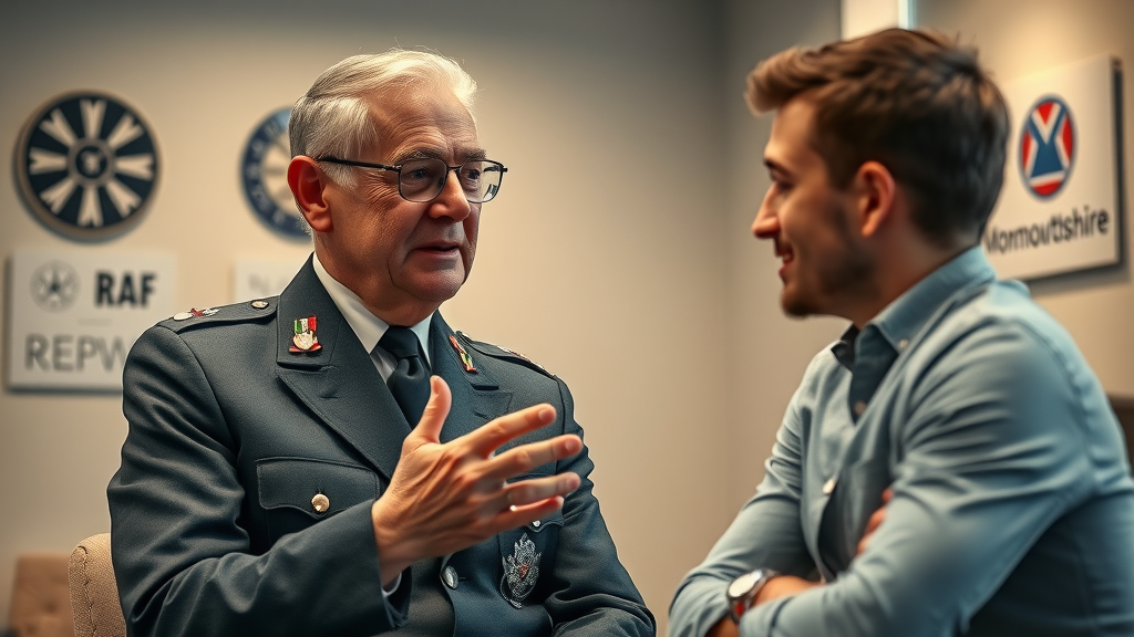 Local business advocacy Monmouthshire - RAF veteran Gary Morris mentoring young entrepreneur in modern meeting space