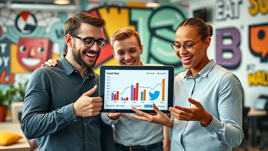 Excited marketers reviewing social media reach graphs, showcasing brand exposure