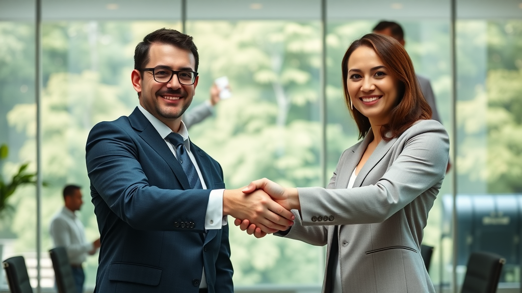 Two business professionals shaking hands symbolizing collaborative marketing partnerships