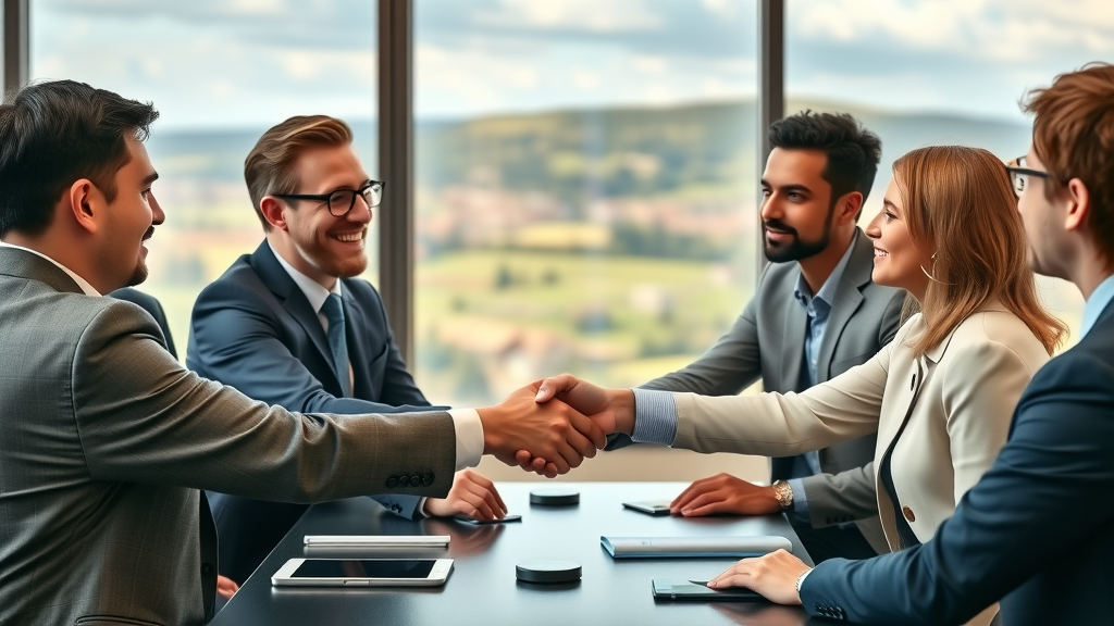 Diverse business partners shaking hands after reassessing partnership goals