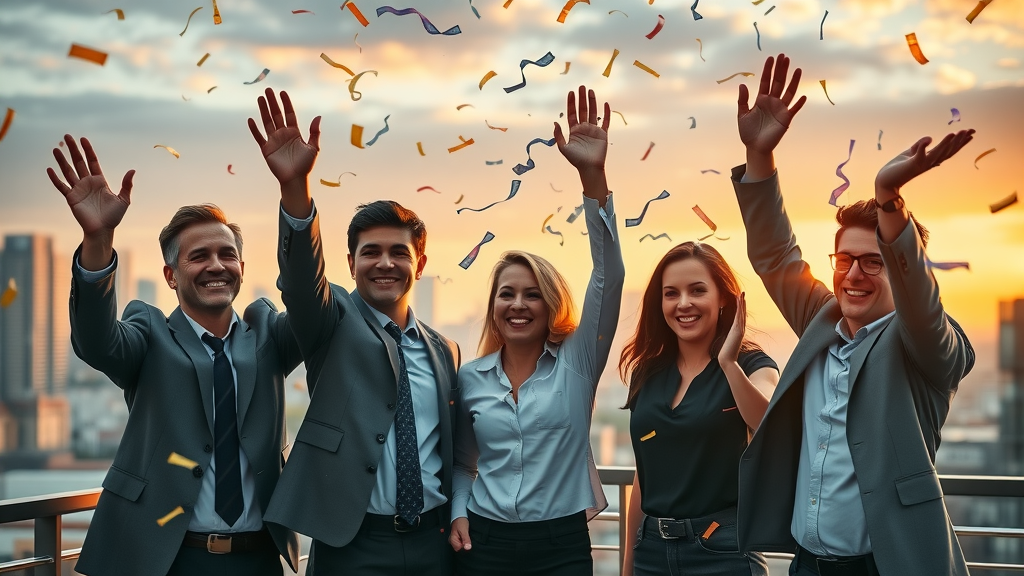 Business leaders celebrating success of collaborative marketing trends campaign