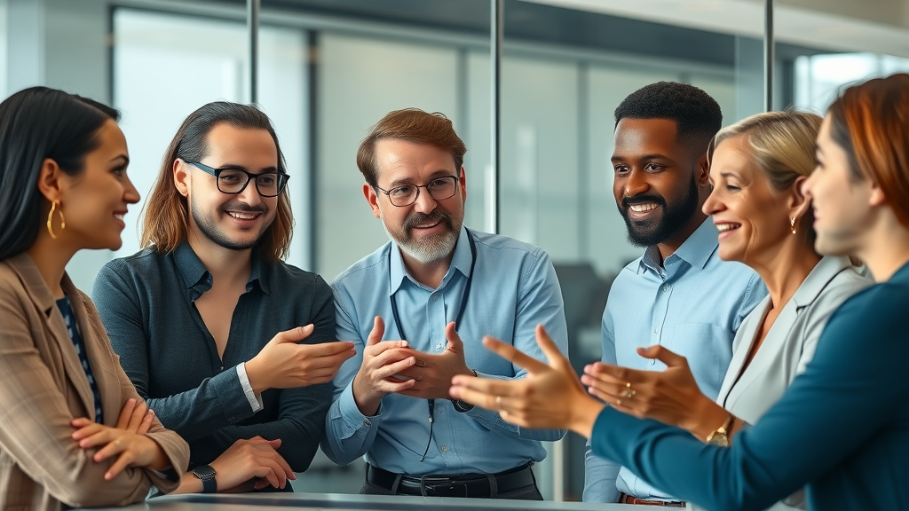 Involved team in deep discussion and attentive listening in a glass-walled conference room