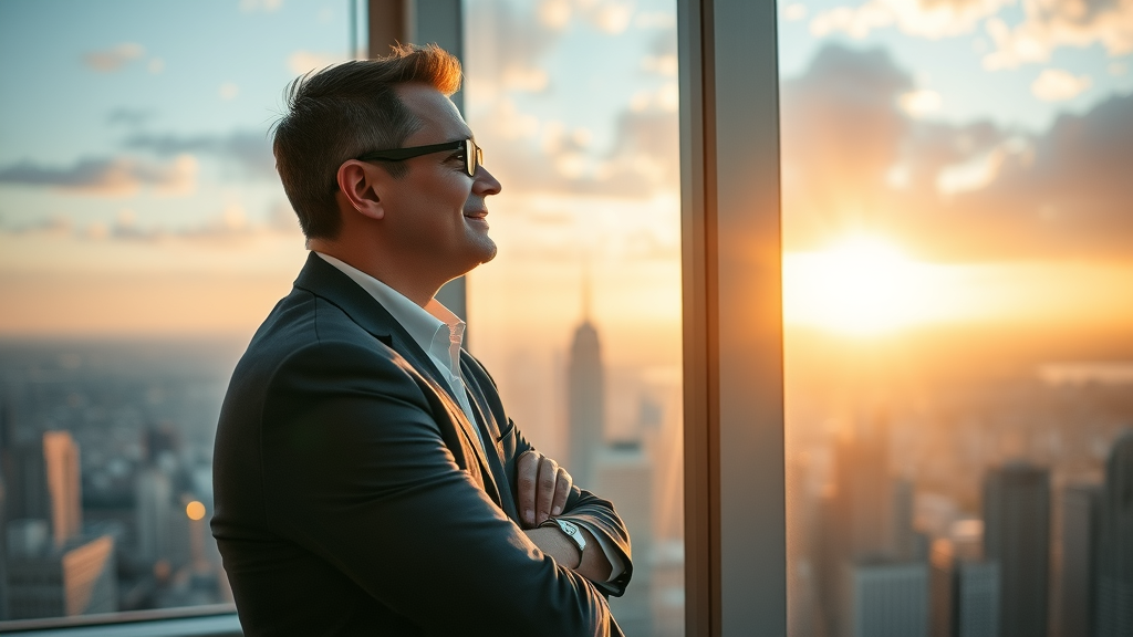 Empowering local businesses Monmouthshire: Professional gazing at sunrise over city skyline