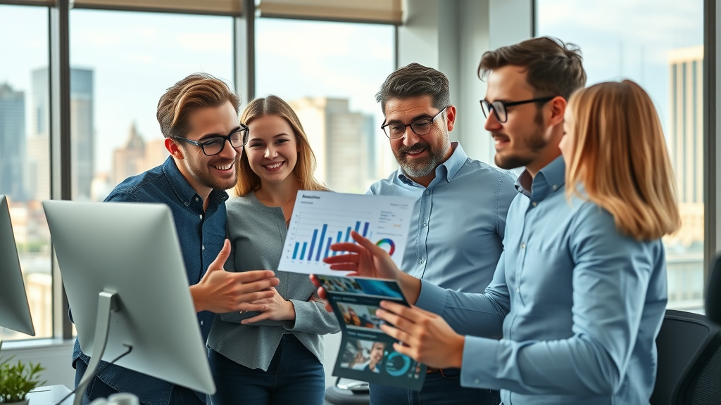 Innovative marketing team collaborating enthusiastically, using flexible cost-effective marketing solutions