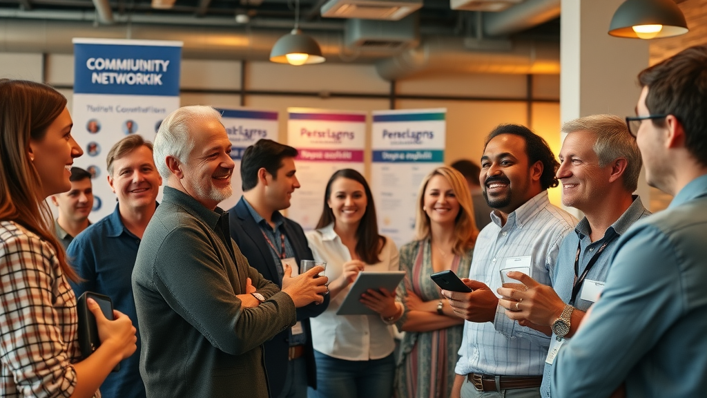 Entrepreneurs networking at local business startups community event and sharing ideas