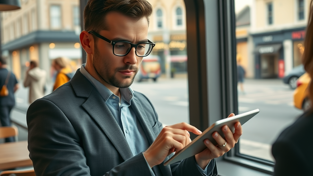 Business owner using geo targeting tools in a Monmouthshire cafe setting.