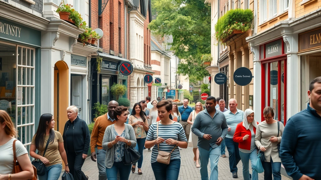 Vibrant local business street illustrating local business success Monmouthshire, bustling with diverse shops and community members interacting on Monmouthshire high street