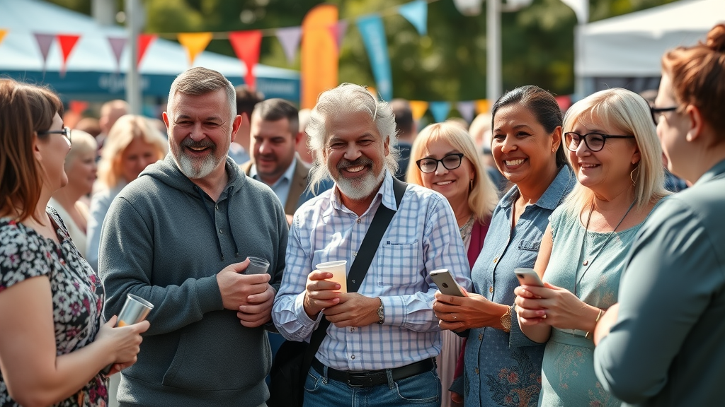 Diverse local business owners engaging warmly with Monmouthshire community at outdoor festival
