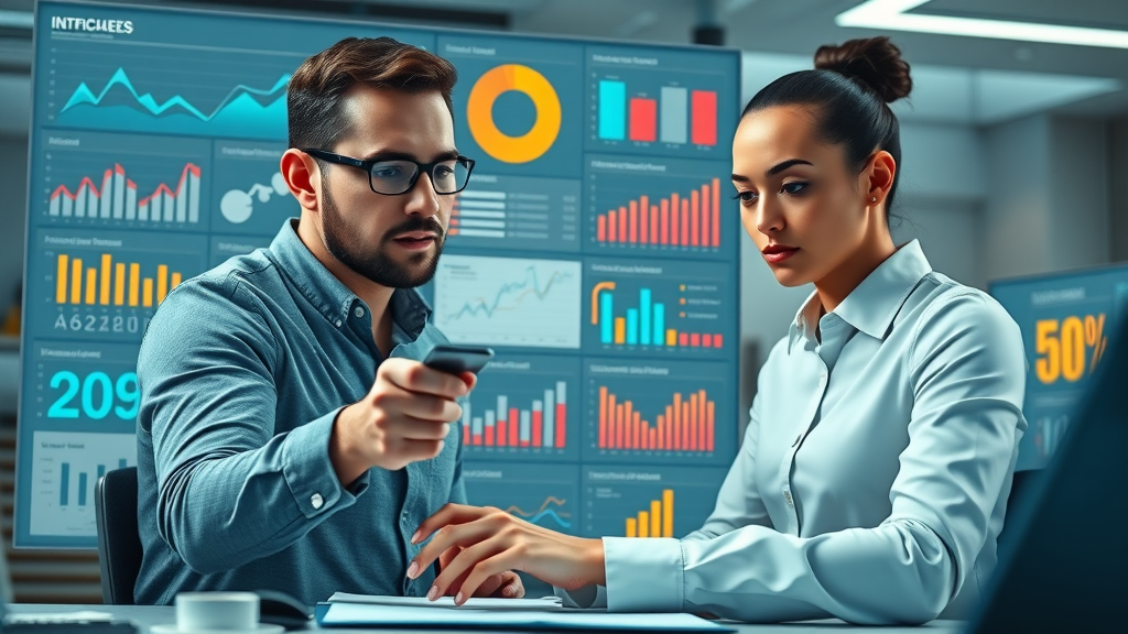 Colorful infographic showcasing local marketing expertise Monmouthshire with professionals analyzing data in modern workspace
