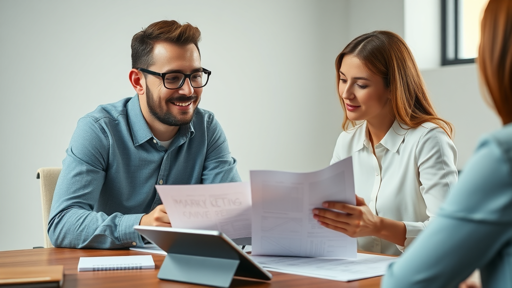 Thoughtful business strategist consulting with client over marketing blueprints and digital strategy plans