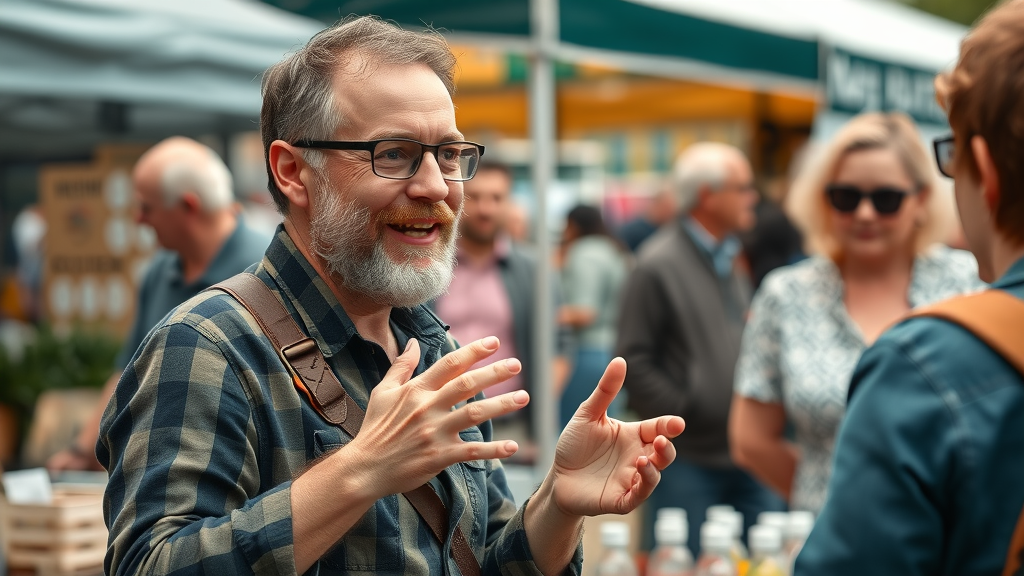 Enthusiastic local business owner engaging with community at outdoor Monmouthshire market event
