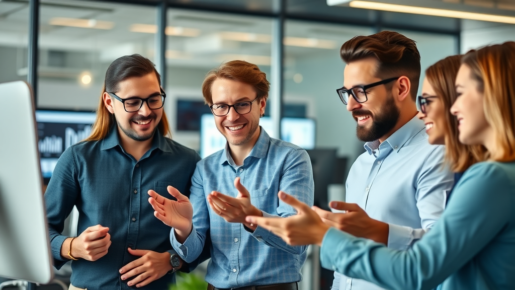 Dynamic marketing team collaborating and implementing plug-and-play marketing solutions in a modern office