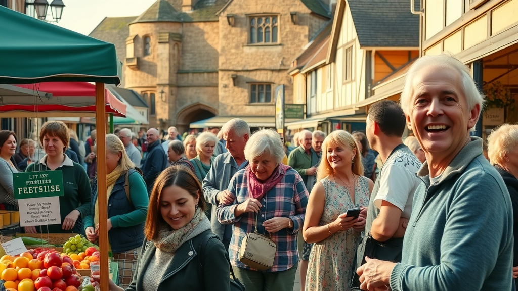 Residents of Monmouthshire at a bustling local market enjoying community life