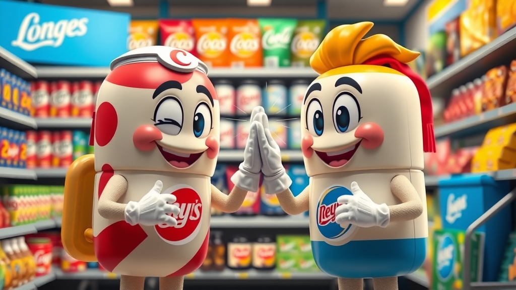 Iconic brand mascots high-fiving, representing co-branding in collaborative marketing partnerships