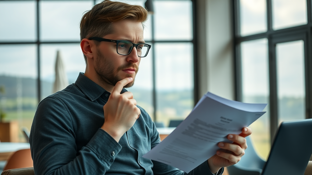 Motivated entrepreneur in Monmouthshire reviewing digital documents, representing overcoming challenges in the future of local business Monmouthshire