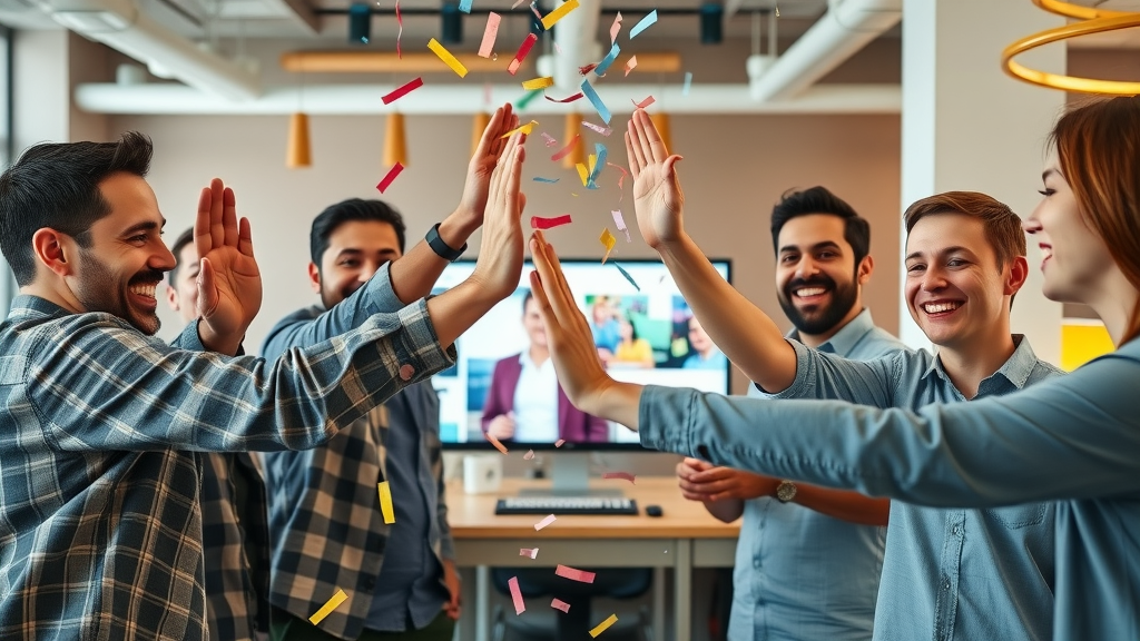 Team celebrating success of collaborative marketing partnerships with high fives