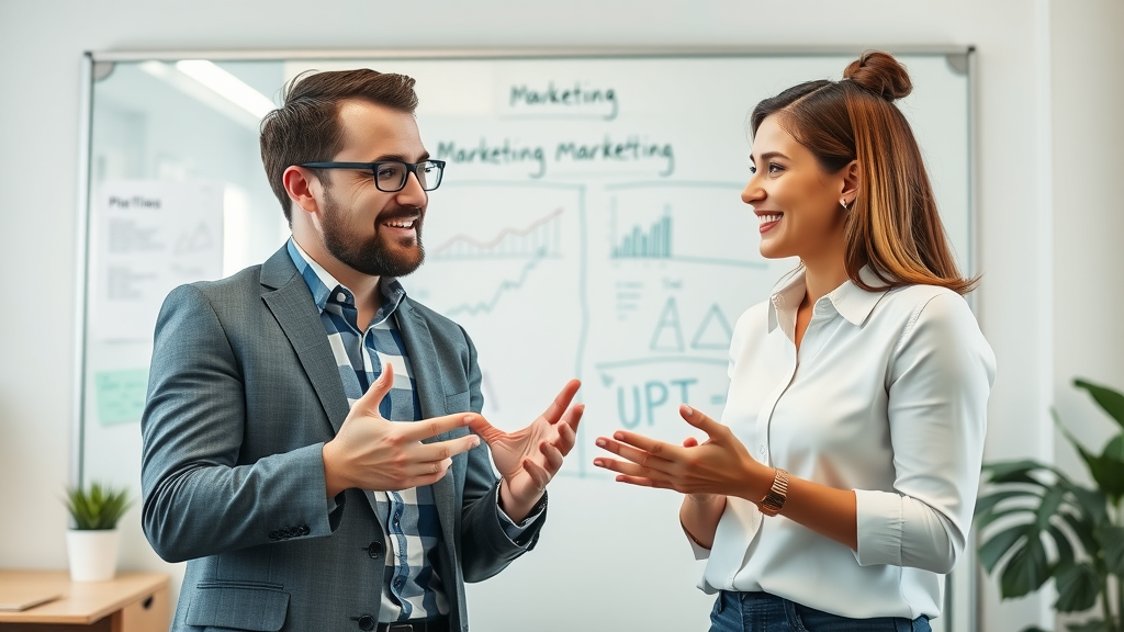 Friendly business partners explaining marketing concepts in a modern small business workspace