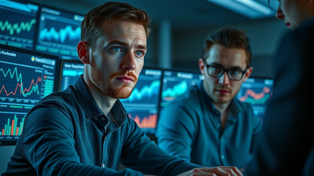 Focused analytics team monitoring digital marketing dashboards, measuring partnership results