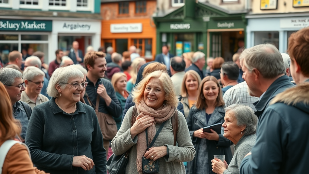 vibrant town gathering in the market square of Abergavenny, people of various ages smiling and engaging in conversation, local media service making a difference
