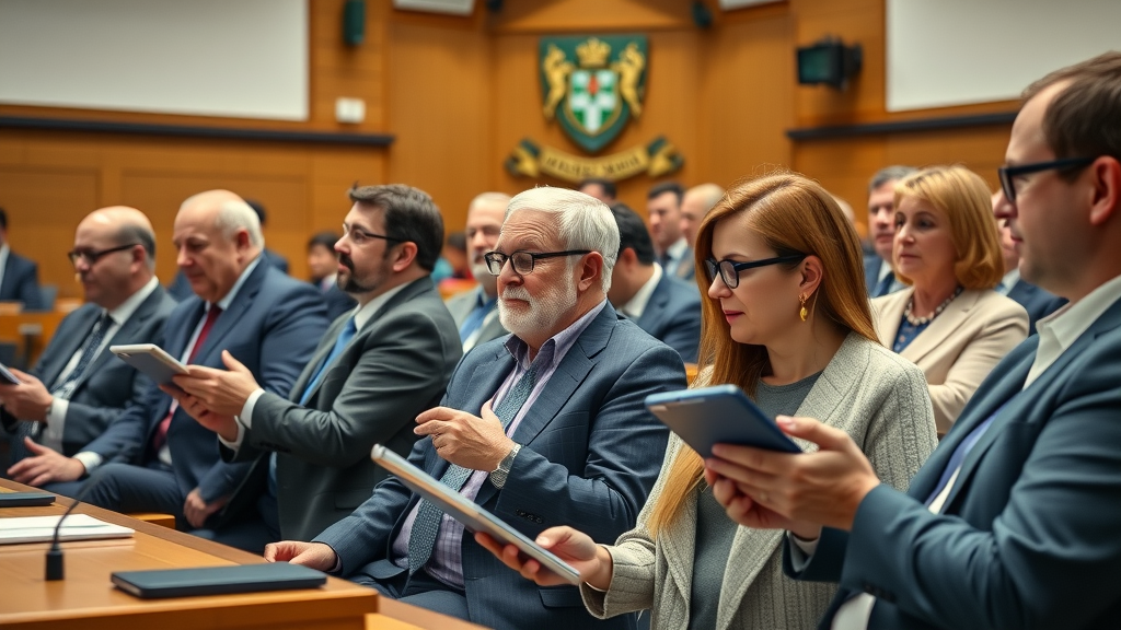 modern council meeting in Abergavenny, technology integrated, council members using digital tools, local news service coverage