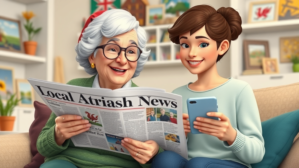 elderly woman and young student reading local media service together, bridging print and digital news in Abergavenny