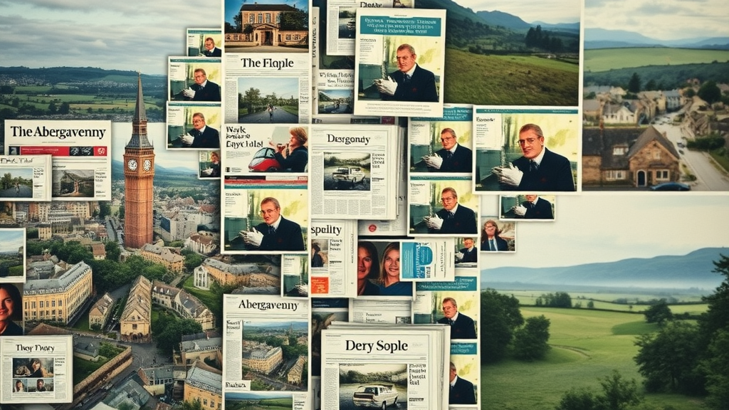 collage of digital and traditional newspaper headlines, Abergavenny and rural scenes, transition to new local media service
