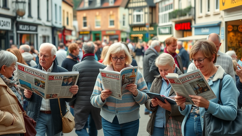 vibrant Abergavenny town centre, lively atmosphere, people engaging with local newspapers and digital devices, celebrating the launch of a new local media service, historic buildings, bustling market, local residents interacting – abergavenny launches its own local media servi ce