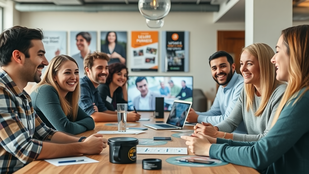 inspiring group of young people and local business owners, discussing ideas at a modern workspace in Abergavenny, digital screens and promotional materials, collaboration, abergavenny launches its own local media servi ce