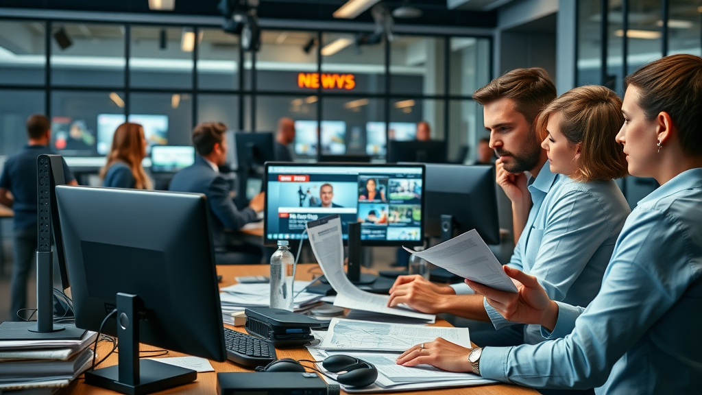 journalists collaborating on news stories in a vibrant newsroom, balancing digital and print, abergavenny launches its own local media servi ce