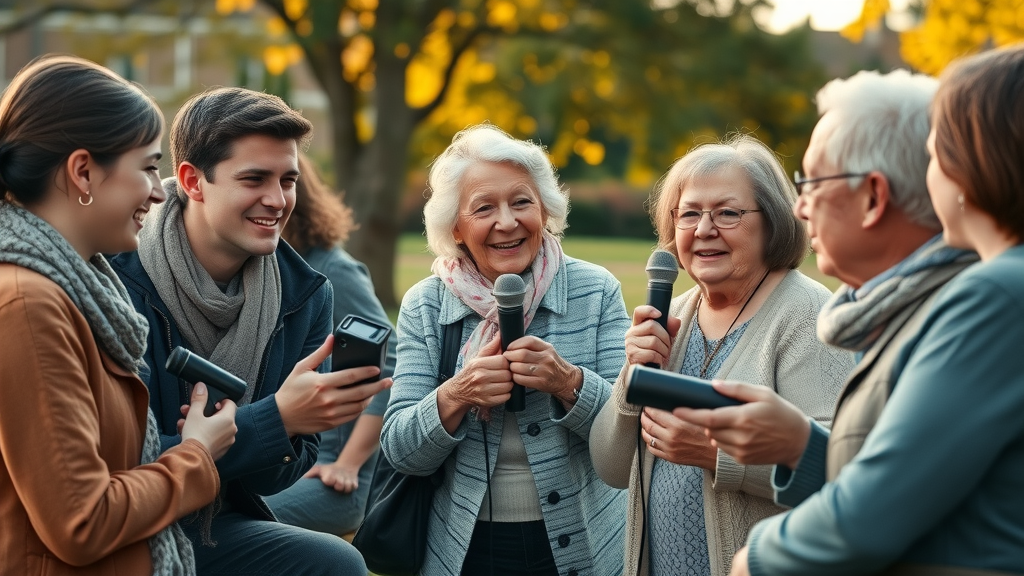 young people interviewing elderly residents in Abergavenny, community storytelling, abergavenny launches its own local media servi ce