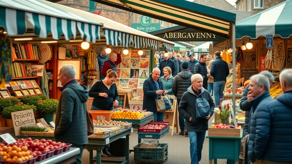 Abergavenny market stalls bustling, vendors interacting with customers, local produce and crafts, shop local, abergavenny launches its own local media servi ce
