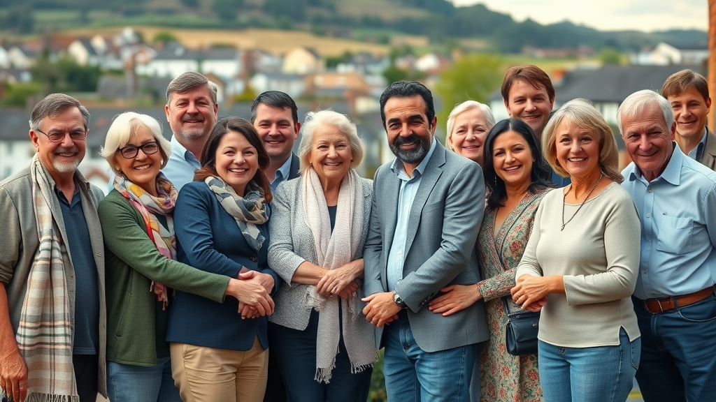 optimistic Abergavenny community, diverse ages and backgrounds, local leaders and families celebrating and united, abergavenny launches its own local media servi ce