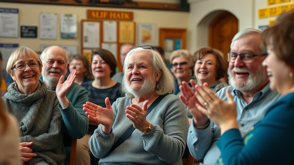engaged local residents, cheerful expressions, participating in a lively town hall meeting, Abergavenny architecture in background, abergavenny launches its own local media service