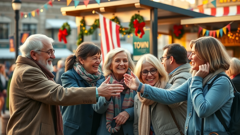supportive community groups, collaborative expressions, celebrating at a local event stand, vibrant outdoor town square, abergavenny launches its own local media service
